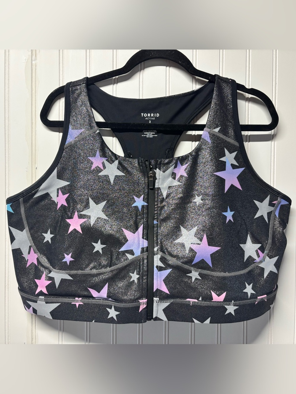 Torrid Active 3 Sports Bra Gray Stars Shine Front Zip Wireless Racerback